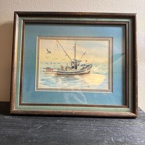 Framed Seascape Painting - Blue and Brown Nautical Art